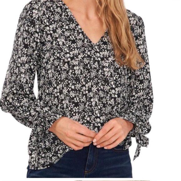 CeCe Black & White Floral Tie Cuff Top – Size Large - Picture 5 of 5